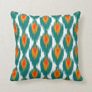 Teal Orange Abstrakt Tribal Ikat Diamond Mönster Kudde