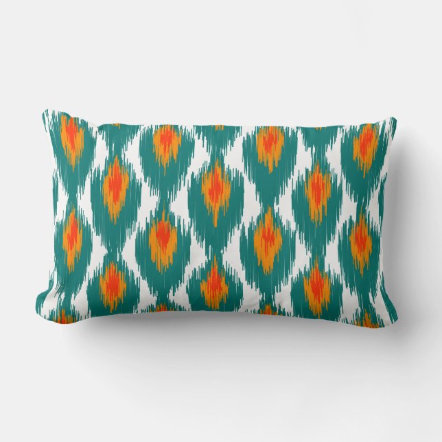 Teal Orange Abstrakt Tribal Ikat Diamond Mönster Lumbarkudde (Framsida)
