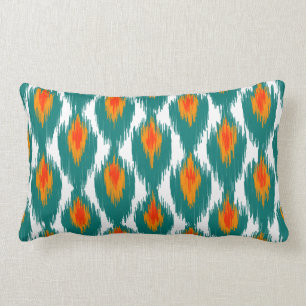 Teal Orange Abstrakt Tribal Ikat Diamond Mönster Lumbarkudde