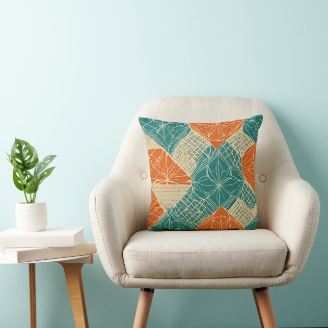Teal, Orange, and Tan Abstract Flowers Kudde (Stol)