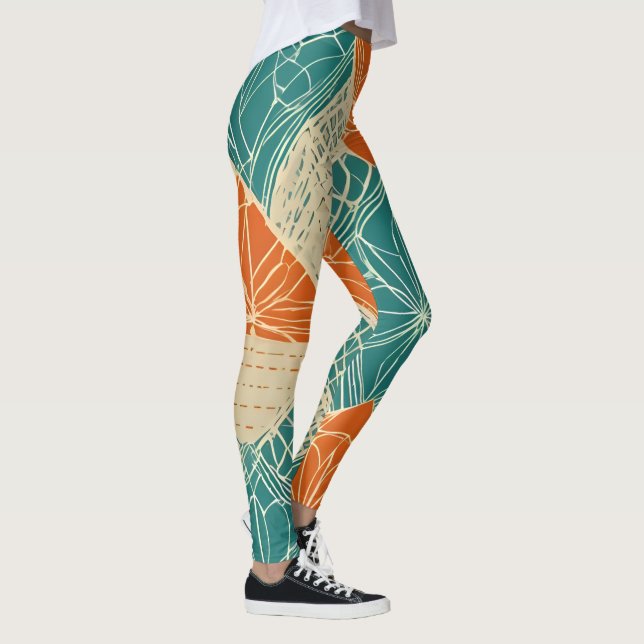 Teal, Orange, and Tan Abstract Flowers  Leggings (Höger)
