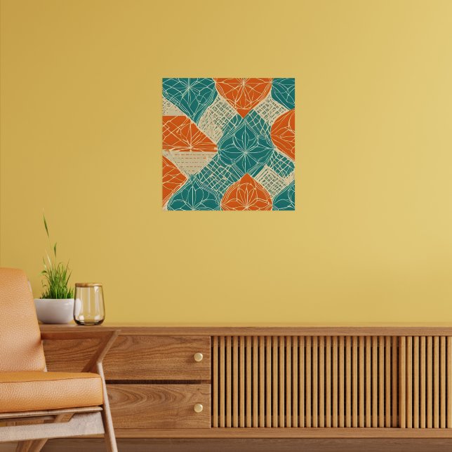 Teal, Orange, and Tan Abstract Flowers Poster (Vardagsrum 2)