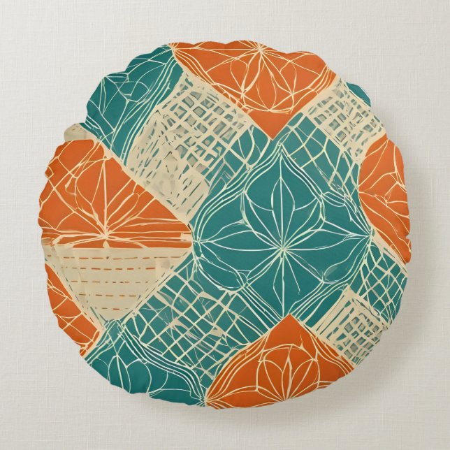 Teal, Orange, and Tan Abstract Flowers Rund Kudde (Framsidan)