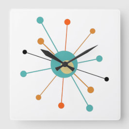 Teal Orange Atomic Era Starburst Mid Century Fyrkantig Klocka