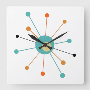 Teal Orange Atomic Era Starburst Mid Century Fyrkantig Klocka