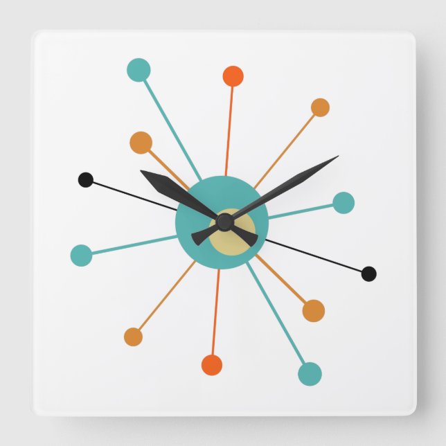 Teal Orange Atomic Era Starburst Mid Century Fyrkantig Klocka (Framsida)