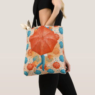 TEAL & ORANGE AUTUMN UMBRELLAS MED WOMAN TYGKASSE