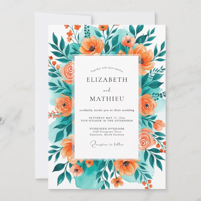 Teal Orange Blissful Summer Wedding Inbjudningar (Framsida)