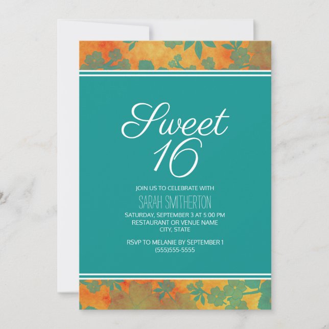 Teal Orange Blommig Sweet 16 Flickor Inbjudningar (Framsida)