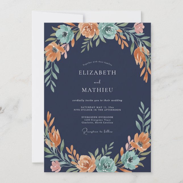Teal Orange Blommig Wedding Inbjudningar (Framsida)