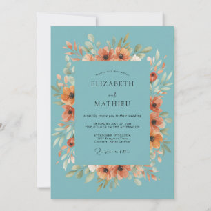 Teal Orange Blossom Flourish Bröllop Inbjudningar