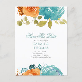 Teal Orange Boho-Blommigten sparar inte datumet Vykort