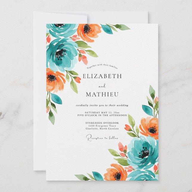 Teal Orange Brilliant Summer Wedding Inbjudningar (Framsida)