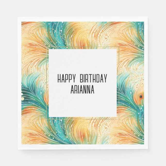 Teal Orange Cream Peacock Feathers Pappersservett (Framsidan)