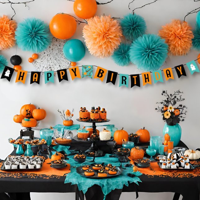 Teal & Orange Cute Ghost Halloween Candy Birthday Vimplar (Skapare uppladdad)