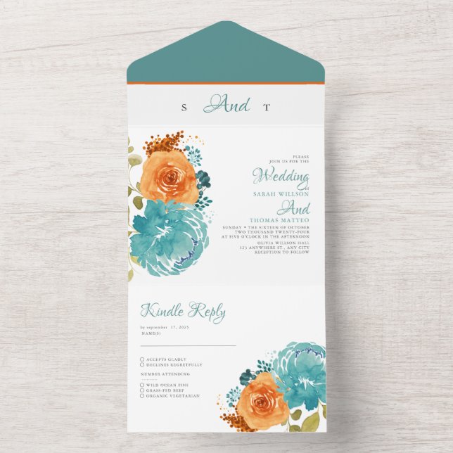 Teal Orange Fall Blommigt Terracotta Boho Bröllop (Inside)