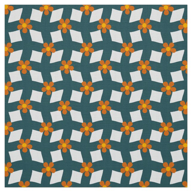 Teal Orange Floral Grid Poplin Fabric Tyg (Provkarta)