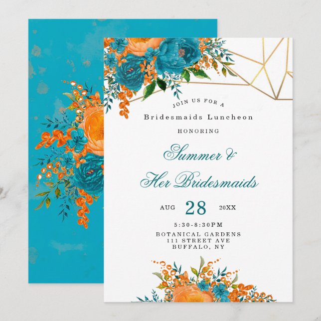 Teal Orange Guld Blommigt Bridesmaids Luncheon Inbjudningar (Fram/baksida)