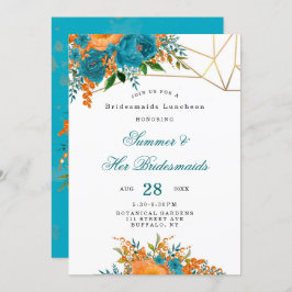 Teal Orange Guld Blommigt Bridesmaids Luncheon Inbjudningar