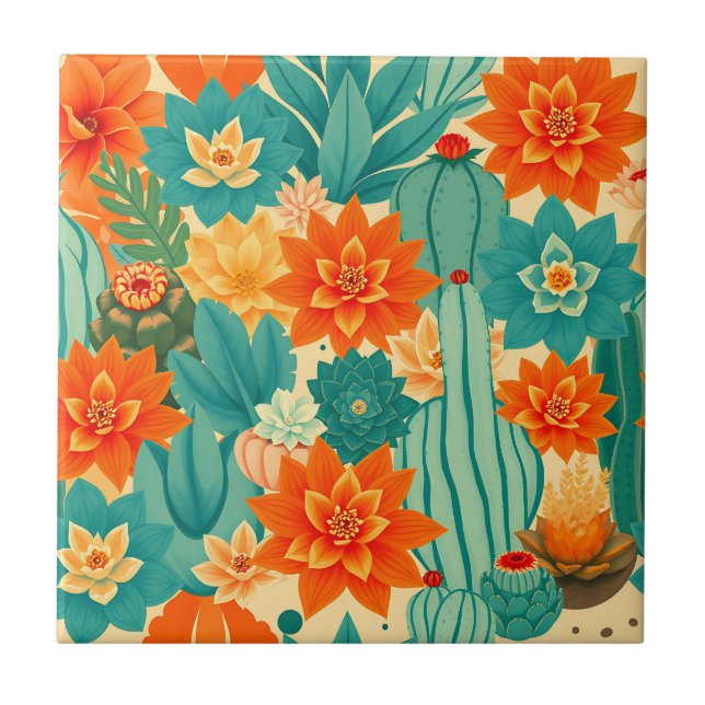 Teal Orange Ökenkaktus Blomning Kakelplatta (Framsidan)