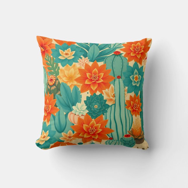 Teal Orange Ökenkaktus Blomning Kudde (Framsida)