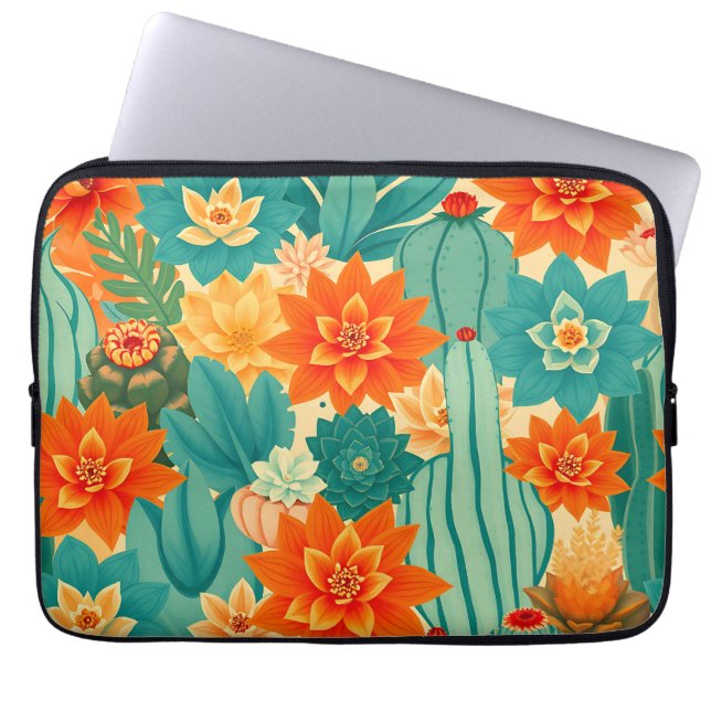 Teal Orange Ökenkaktus Blomning Laptop Fodral (Framsidan)