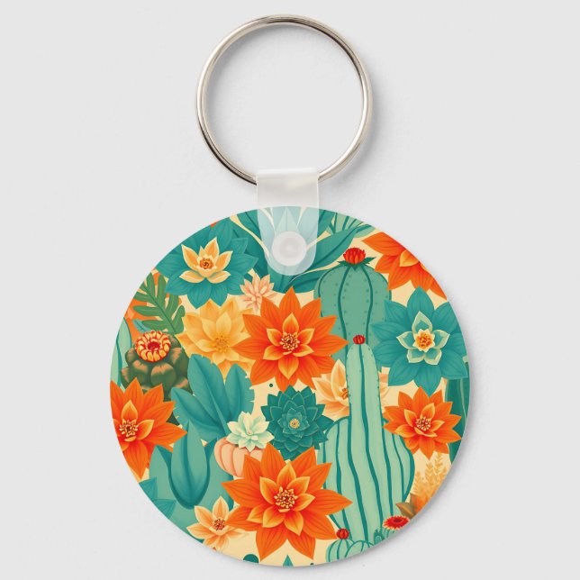 Teal Orange Ökenkaktus Blomning Nyckelring (Framsida)