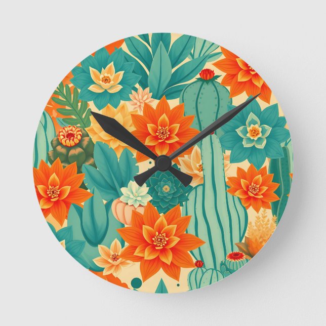 Teal Orange Ökenkaktus Blomning Rund Klocka (Framsida)
