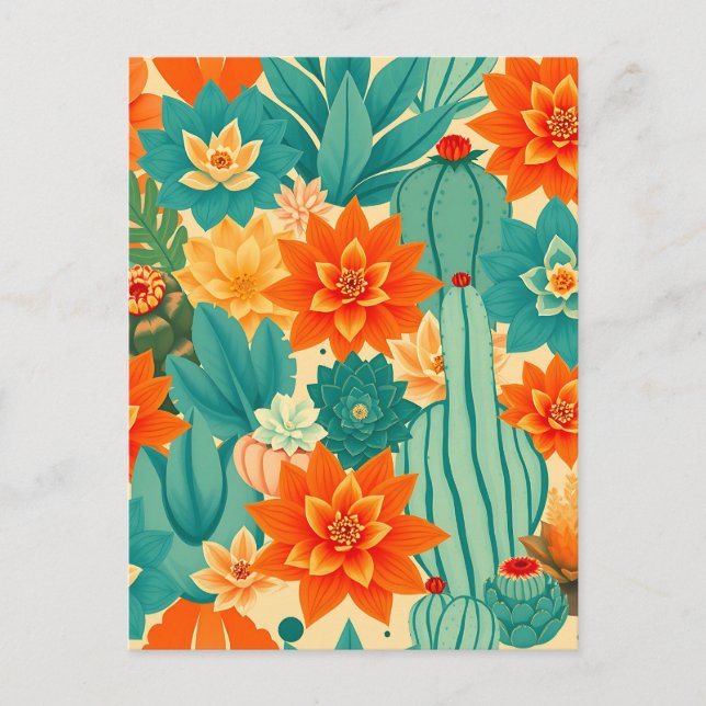 Teal Orange Ökenkaktus Blomning Vykort (Framsida)