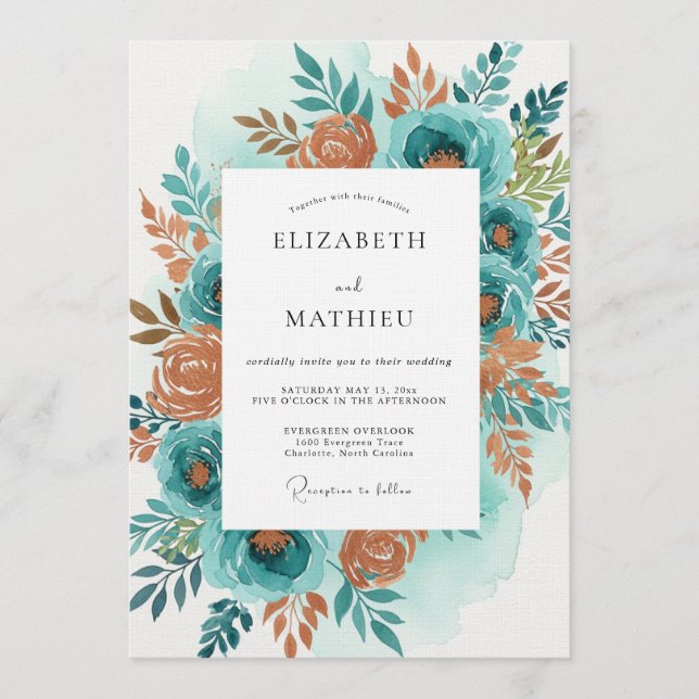 Teal Orange Painterly Bloom Wedding Inbjudningar (Framsida)