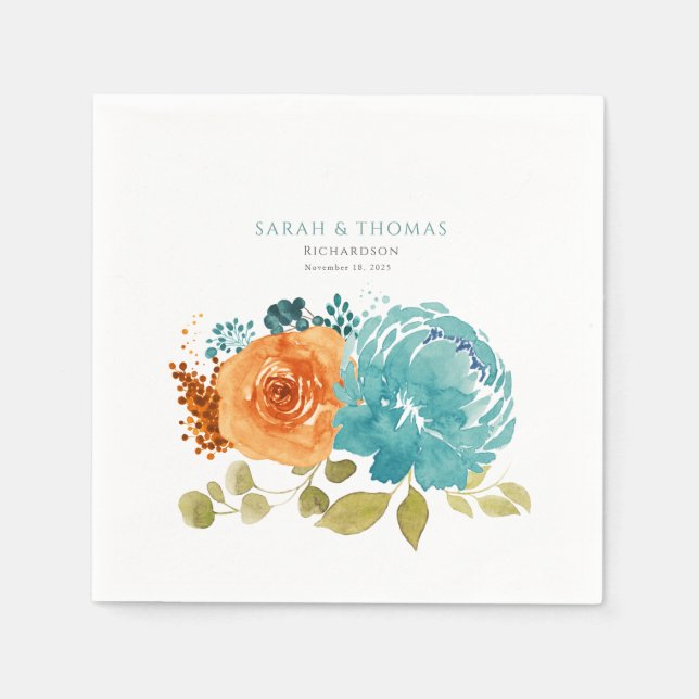 Teal Orange Terracotta Boho Blommigt Pappersservett (Framsidan)