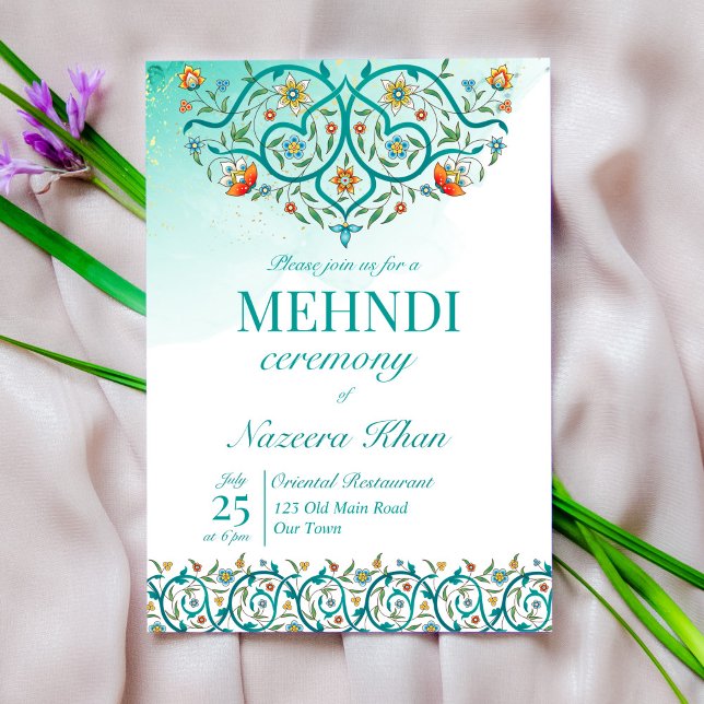 Teal oriental ornament mönster Islamic mehndi Inbjudningar (Skapare uppladdad)