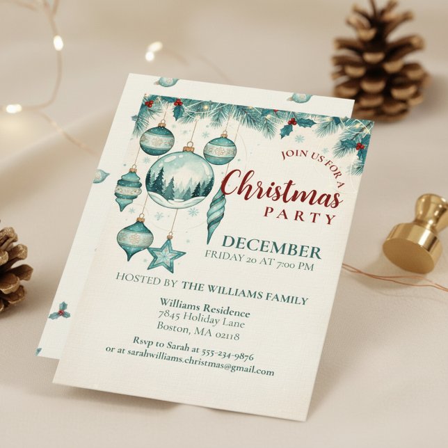  Teal Ornament Christmas Party Invitation Art Inbjudningar (Calm Winter Theme)