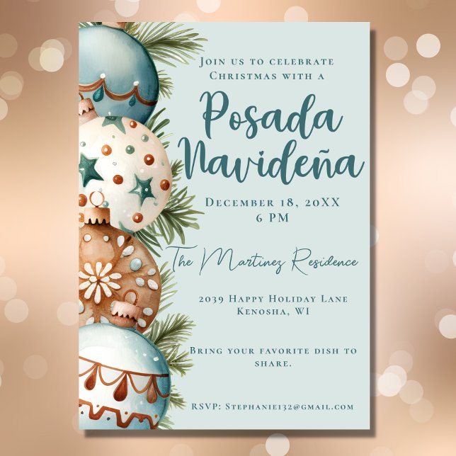 Teal Ornament Festive Mexican Posada Navideña Inbjudningar (Skapare uppladdad)