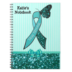 Teal Ovarian Cancer Awareness Ribbon & Butterfly C Anteckningsbok Med Spiral