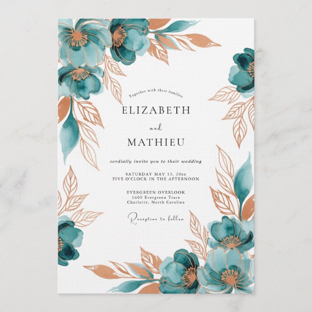 Teal Painterly Floral Romance Wedding Inbjudningar (Framsida)