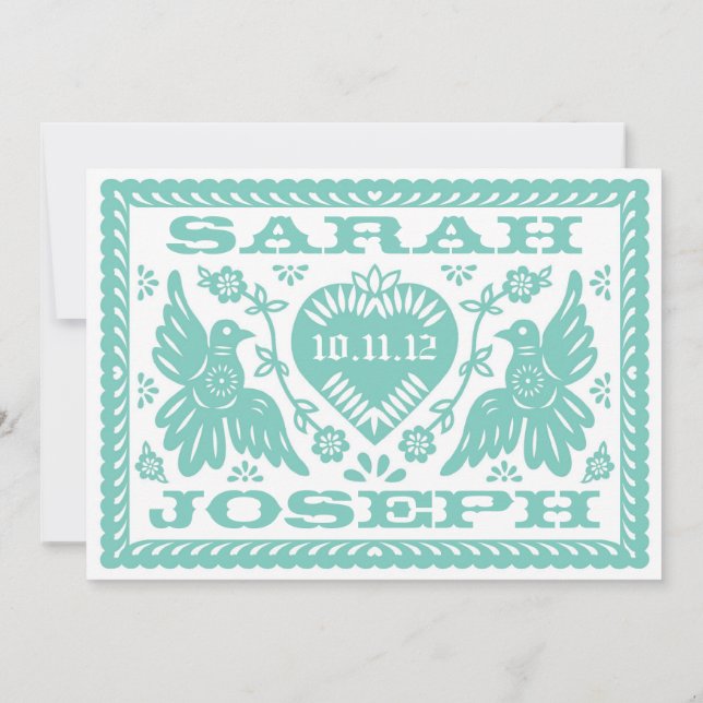 Teal Papel Picado Love birds Inbjudningar (Baksida)