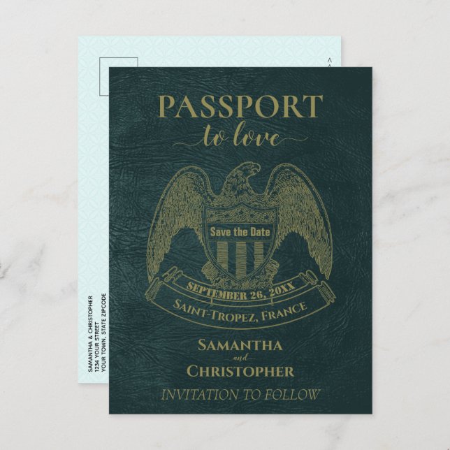 Teal Passport Cute Roligt Bröllop spara datum Meddelande Vykort (Fram/baksida)