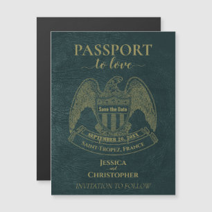 Teal Passport Destinationsbröllop Spara datum Magnetisk Inbjudningskort