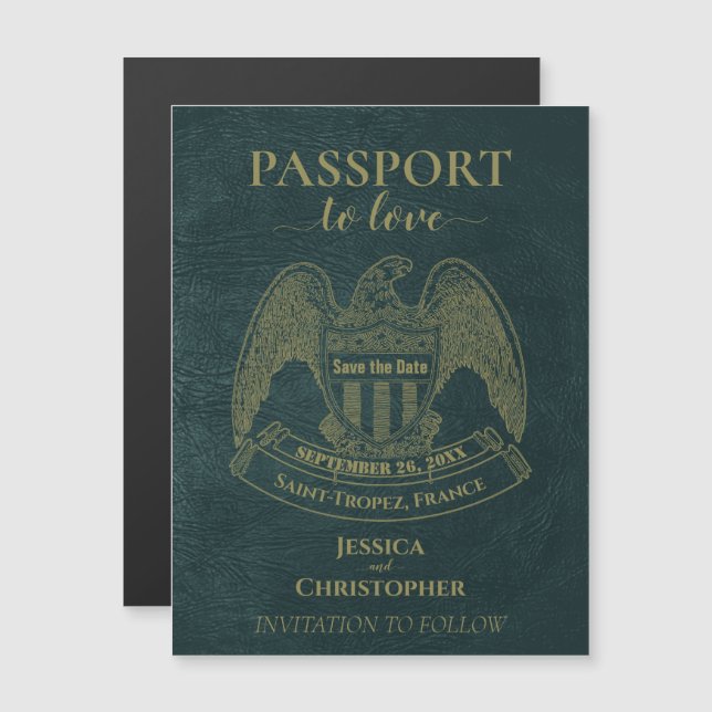 Teal Passport Destinationsbröllop Spara datum Magnetisk Inbjudningskort (Fram/baksida)