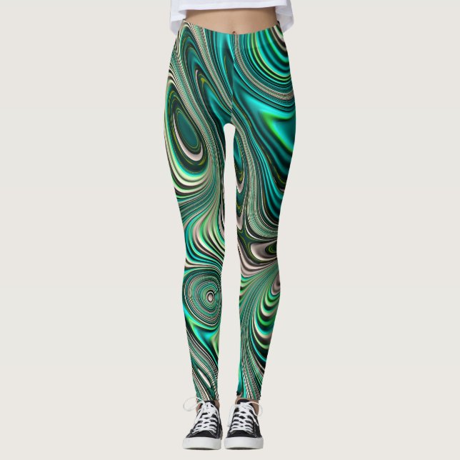 Teal Paua Abalone Snäcka Fractal Abstrakt Mönster Leggings (Framsida)