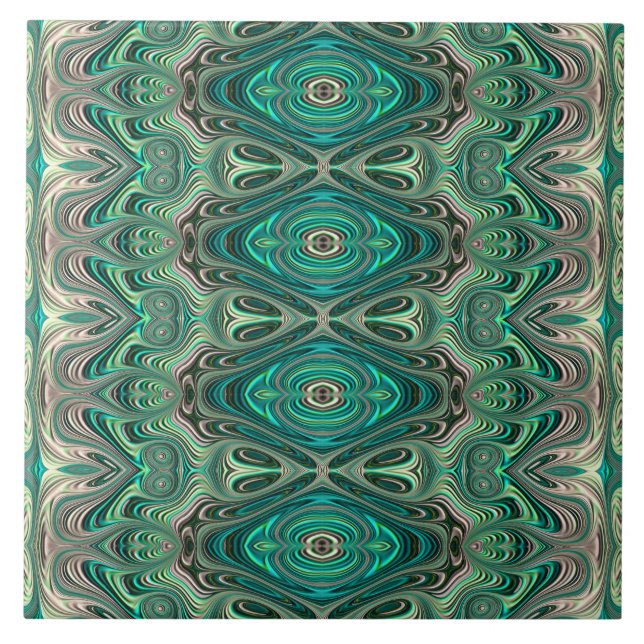 Teal Paua Art nouveau Fractal Mönster Kakelplatta (Framsidan)