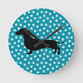 Teal Paw Skriv ut Dachshund Silhouette-väggklocka Rund Klocka
