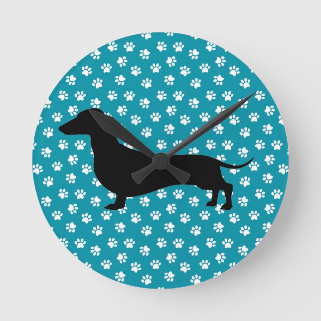 Teal Paw Skriv ut Dachshund Silhouette-väggklocka Rund Klocka (Framsida)