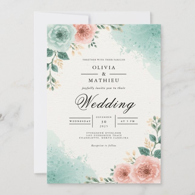 Teal Peach Floral Watercolor Wedding Inbjudningar (Framsida)
