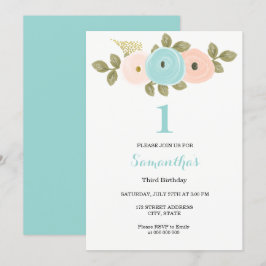 Teal Peach Flower Girl eller boy 1st Birthday Part Inbjudningar