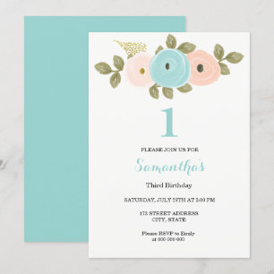 Teal Peach Flower Girl eller boy 1st Birthday Part Inbjudningar