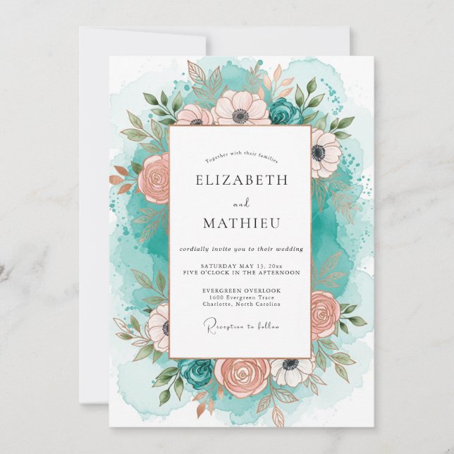 Teal Peach Graceful Coastal Wedding Inbjudningar (Framsida)
