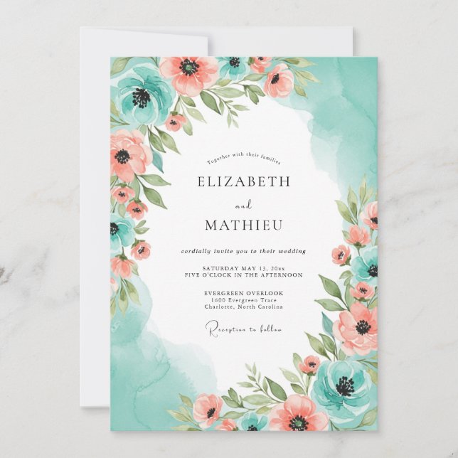 Teal Peach Heavenly Spring Wedding Inbjudningar (Framsida)
