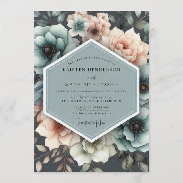 Teal & Peach Painterly Bloom Wedding Inbjudningar (Framsida)